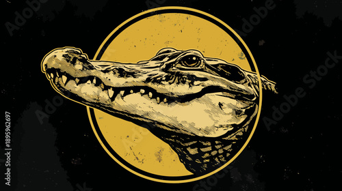 Stylized illustration of an alligator's head within a textured gold circle against a black background