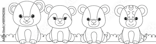 Cute cartoon baby bear animals coloring page illustration featuring a happy group of four sitting together in a simple outdoor setting