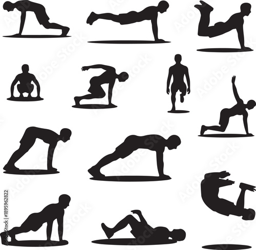 black silhouettes of people doing various yoga poses and exercises on white