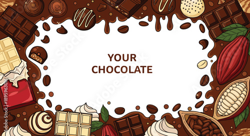 Chocolate frame with cocoa beans pralines chocolate bars dripping glaze dessert background vector illustration template for branding design