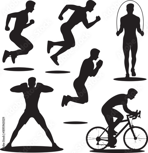 black silhouettes of people exercising and playing sports
