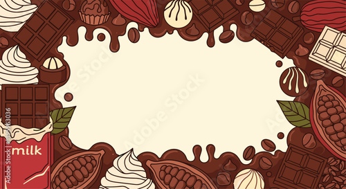 Chocolate frame with milk chocolate bars cocoa beans cream sweets dripping glaze background vector illustration template for branding