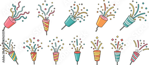 Large set of pastel party poppers with exploding confetti and streamers in a thin line doodle vector style for soft birthday themes and celebrations.