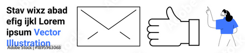 Communication, approval, messaging, information sharing, email interaction, visual feedback. Envelope icon, thumbs up symbol pointing person. Communication and approval concept
