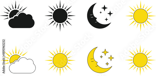 Weather icon silhouette set with sun, moon, clouds and stars, day and night forecast symbols isolated on white background vector illustration