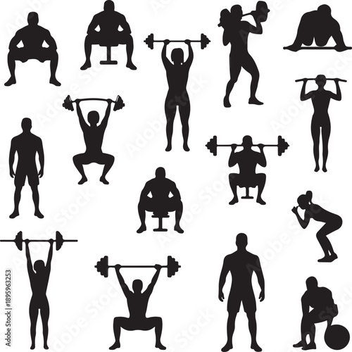 black silhouettes of people exercising with dumbbells and barbells