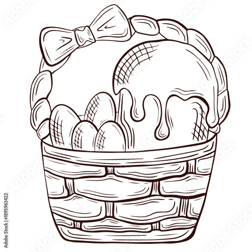 An artistic line drawing of a decorative basket with a large bow, Easter cake and eggs, highlighting the decorative elements and creativity of the design.