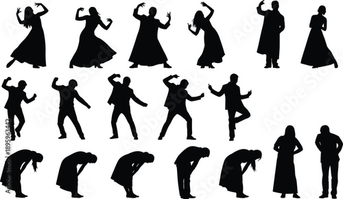 Black silhouette dancing people collection showing traditional and modern dance poses, male and female figures isolated on white background