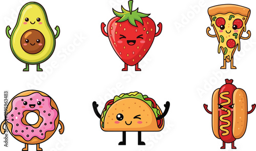Cute food character illustration set avocado strawberry pizza donut taco hotdog cartoon vector design kawaii smiling collection