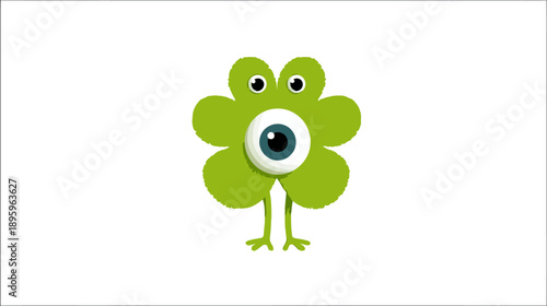 A cartoonish, green, four-leaf clover creature with a large eye and tiny feet, set against white