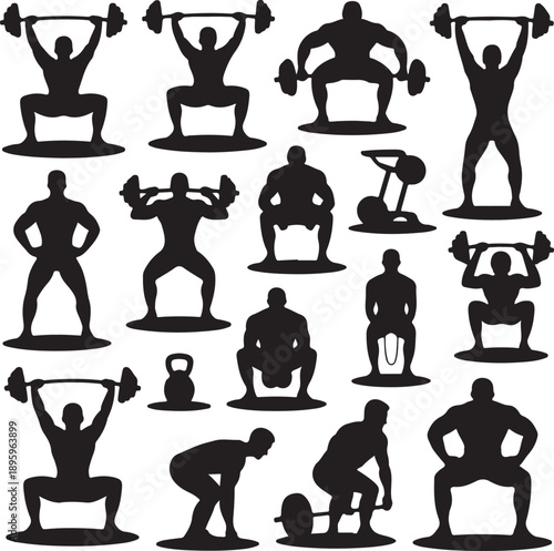 black silhouettes of people exercising with weights and machines