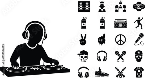 DJ silhouette with hip hop street culture icon set including music, graffiti, headphones and dance symbols isolated on white background vector illustration