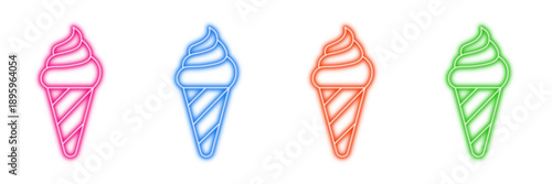 Neon glowing ice cream vector icons set, dessert, sweet, frozen, summer treat, snack, vibrant colorful digital design illustration on transparent background.