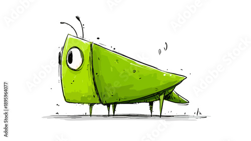 A cartoonish green bug is shown with an oversized eye, short legs, and black antennae