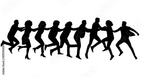 Silhouettes of people dancing in a line isolated on transparent background