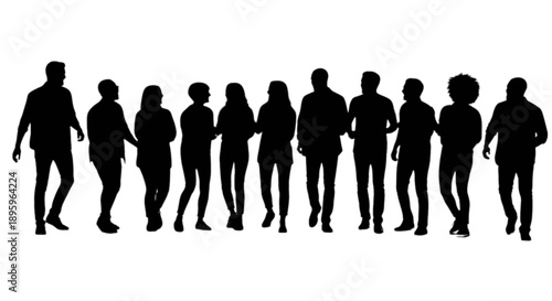 Silhouettes of diverse people walking isolated on transparent background