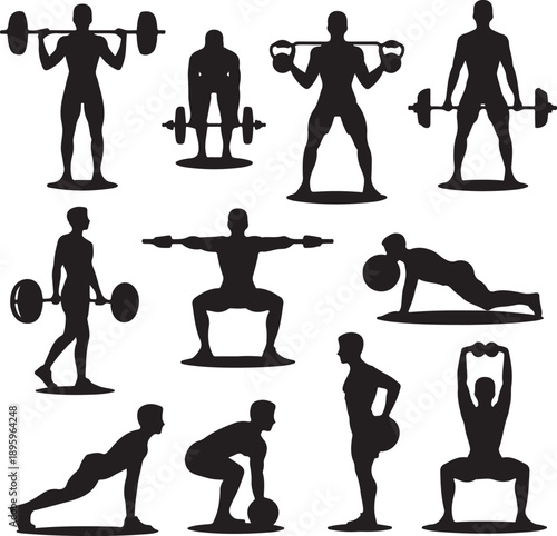 Black silhouettes of people exercising with weights