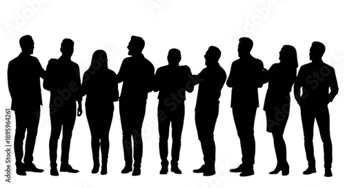 Silhouettes of a group of people standing together isolated on transparent background
