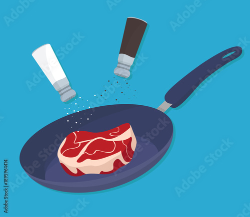 Meat frying on pan cooking elements spices salt and pepper vibrant design