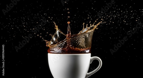 A dynamic close-up shows a white ceramic cup with a vigorous splash of dark brown liquid creating a crown-like formation and numerous suspended droplets against a solid black backdrop