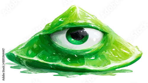 Watercolor style illustration of a lime slice with an eye, glistening with water droplets