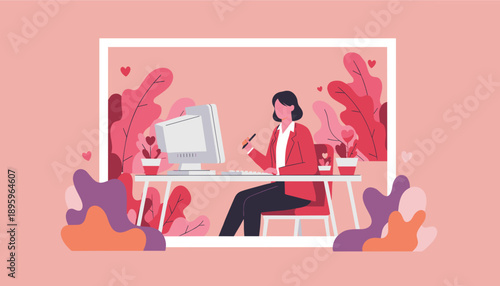 Creative businesswoman drawing on a computer in a modern pink and joyful office illustration