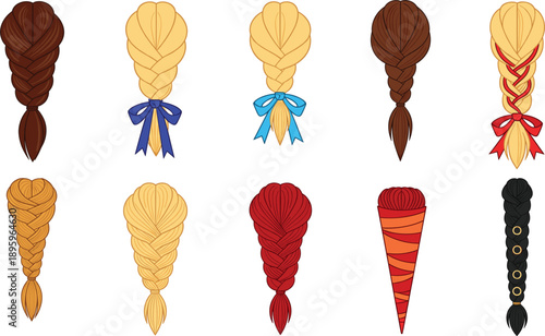 Set of various braided hairstyles and elegant hair plaits in different colors with decorative bows for character design and fashion beauty illustration.