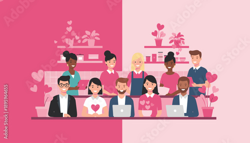 Happy diverse team working in a pink heartdecorated office or cafe environment