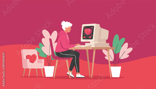 Senior woman using vintage computer for online dating Modern lifestyle and technology illustration