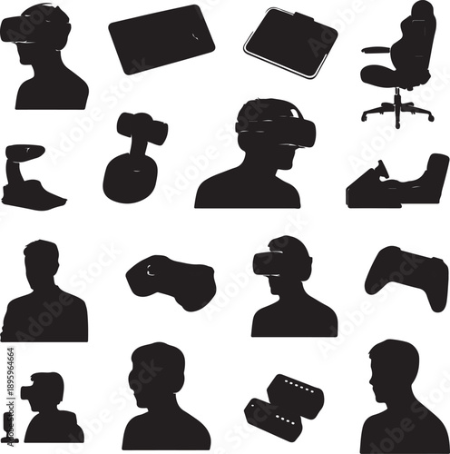 Black silhouettes of people wearing virtual reality headsets and various gaming devices on white background
