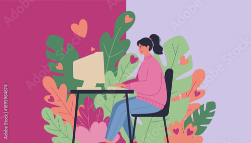 Smiling woman working on a computer surrounded by colorful plants and hearts Remote work life