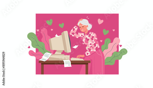 Senior woman stressed using retro computer technology frustration and confusion concept