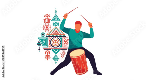 Man enthusiastically playing a large drum with drumsticks.