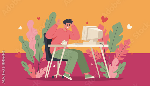 Stressed man working remotely on a computer frustrated with deadlines or technology issues