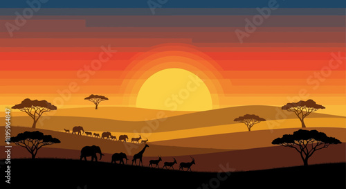 Serene African savannah sunset with grazing animals.