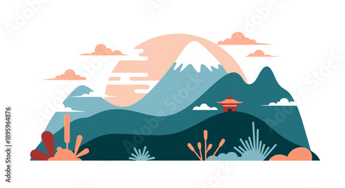 Serene mountain landscape with pagoda and foliage illustration.