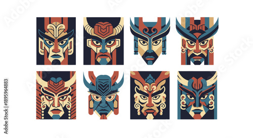 Collection of abstract colorful masks with geometric patterns and designs.