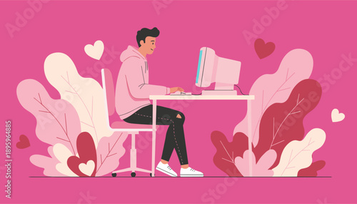 Casual young man workschats online on an old computer in a vibrant romantic setting