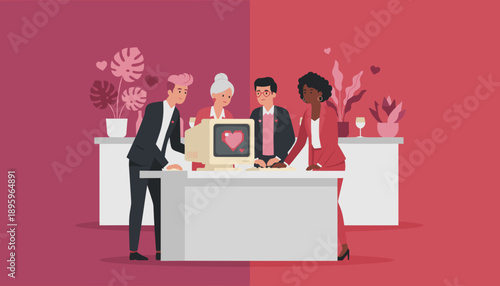 Diverse team finds love and connection using a retro computer with a pixelated heart display