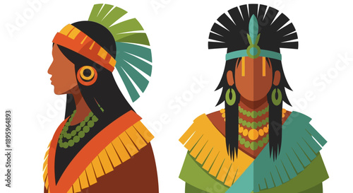 Illustration of two Native American women in traditional attire and headdresses.