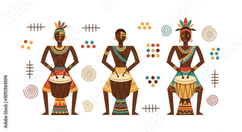 Traditional African tribal women dancing with cultural patterns.