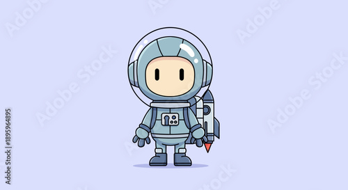 Cartoon astronaut character with rocket pack on a light background.