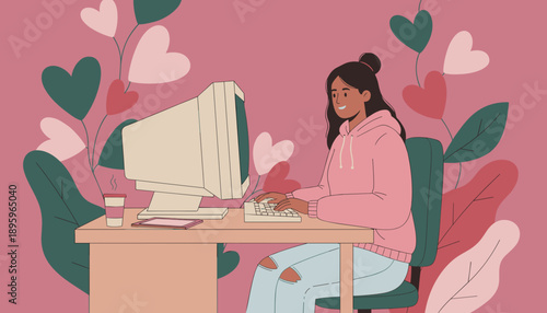 Young woman works remotely using a retro computer on a desk with coffee and romantic heart decorations