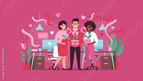 Happy office colleagues celebrate appreciation and wellness holding heart flowers in a pink workplace