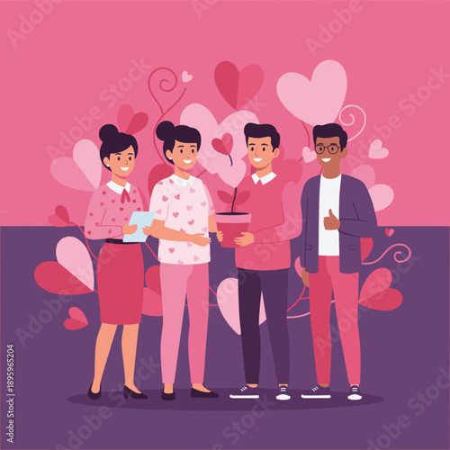 Business team celebrates collaboration and growth surrounded by pink hearts and caring symbols