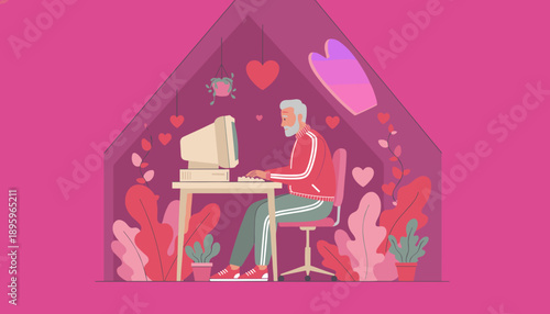 Senior man uses a vintage computer at home surrounded by hearts and plants illustrating online dating or connection