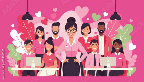 Diverse business team collaboration illustration Corporate love teamwork and smiling office staff