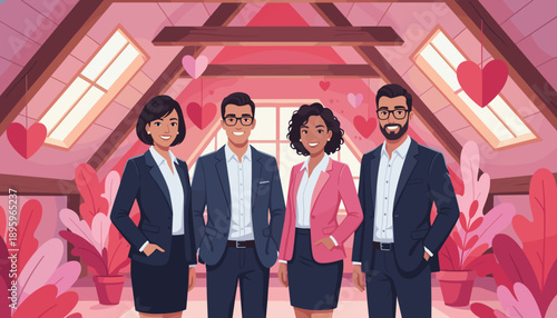 Diverse team of professionals in a vibrant heartdecorated attic office