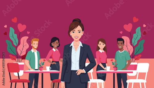 Diverse team led by a confident businesswoman meeting in a modern vibrant social setting