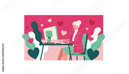 Happy senior woman using computer for online dating or social media surrounded by hearts
